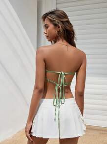 SHEIN EZwear 後背繫帶緞面抹胸上衣 - 綠色 - 查看 2