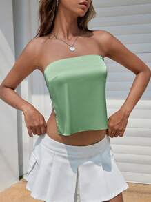 SHEIN EZwear 後背繫帶緞面抹胸上衣 - 綠色 - 查看 4