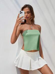 SHEIN EZwear 後背繫帶緞面抹胸上衣 - 綠色 - 查看 6