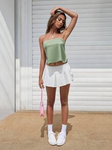 SHEIN EZwear 後背繫帶緞面抹胸上衣 - 綠色 - 查看 7