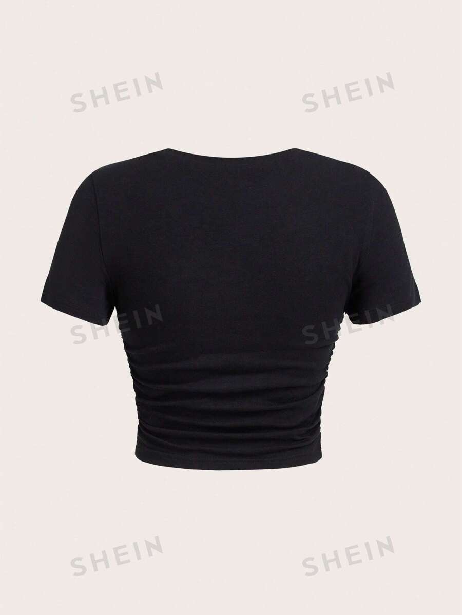 SHEIN EZwear Black Abstract Hand Print Ruched Crop Tee SHEIN USA