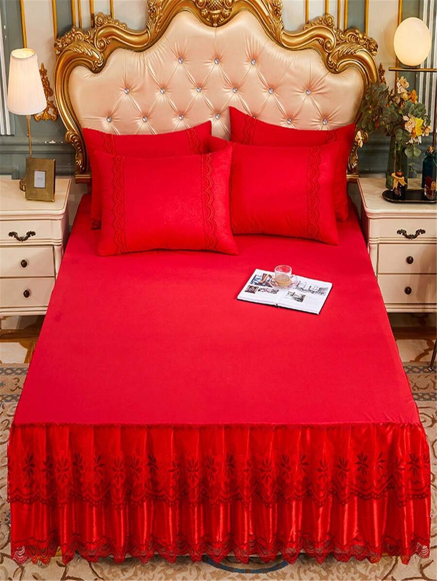 Bộ Drap Trang Trí Xù Thêu Hoa, 1 Drap Phẳng & 2 Áo Gối, Bộ Chăn Ga Gối Polyester Hiện Đại Cho Cả Mùa - Đỏ - Xem 1