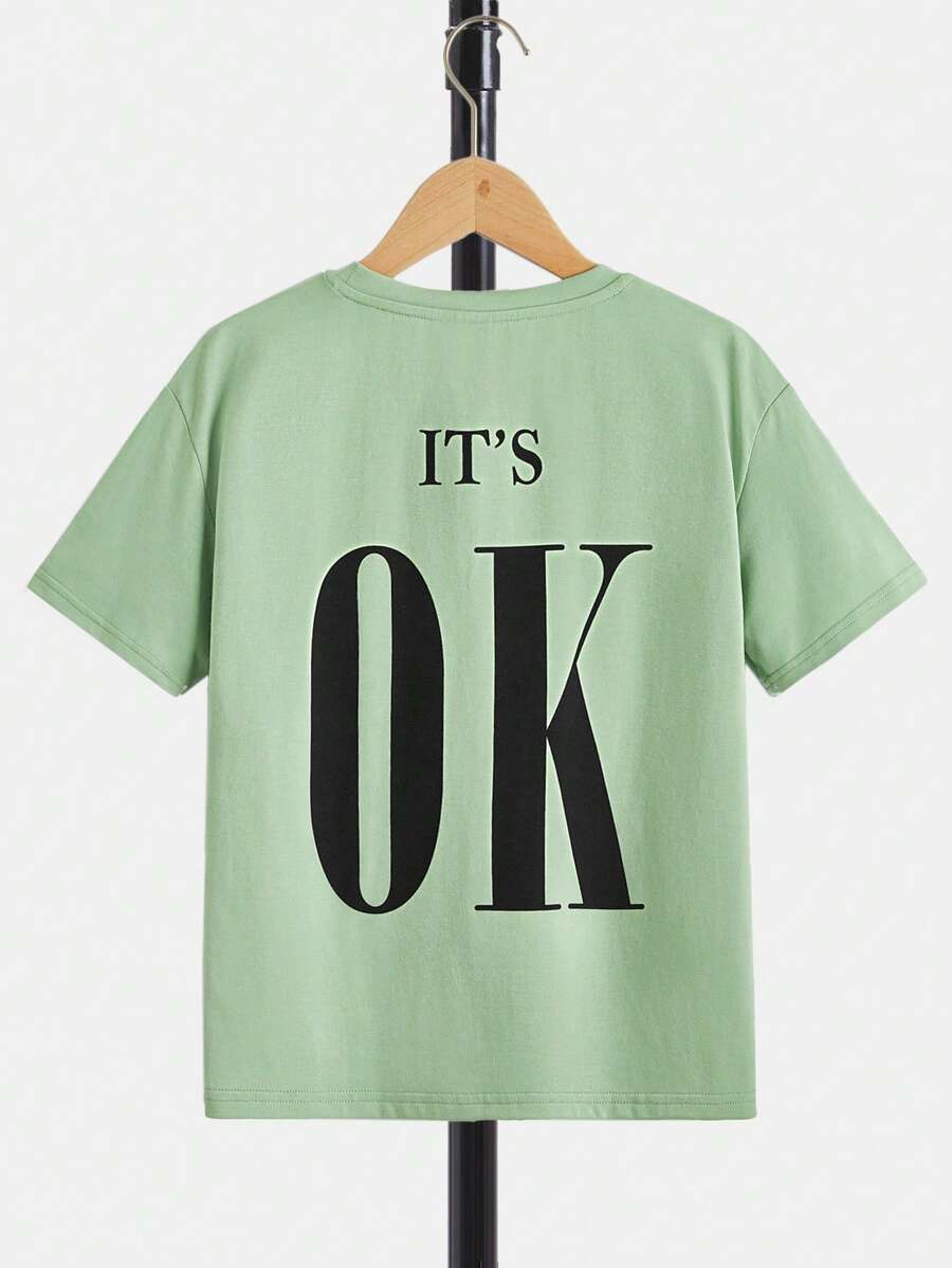 SHEIN 男孩標語圖案落肩T恤 - 薄荷綠 - 查看 1