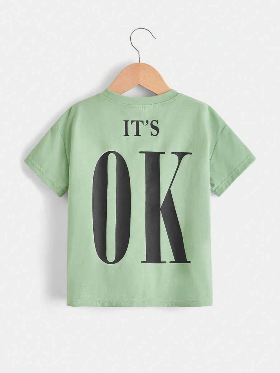 SHEIN 小男童標語圖案T恤 - 薄荷綠 - 查看 1