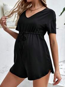 SHEIN Maternidad Mono de cintura con cordón de hombros caídos - Negro - Ver 1