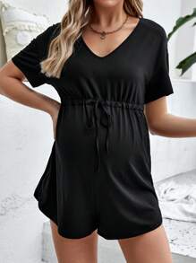 SHEIN Maternidad Mono de cintura con cordón de hombros caídos - Negro - Ver 3