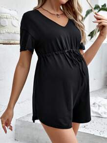 SHEIN Maternidad Mono de cintura con cordón de hombros caídos - Negro - Ver 4