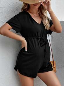 SHEIN Maternidad Mono de cintura con cordón de hombros caídos - Negro - Ver 6