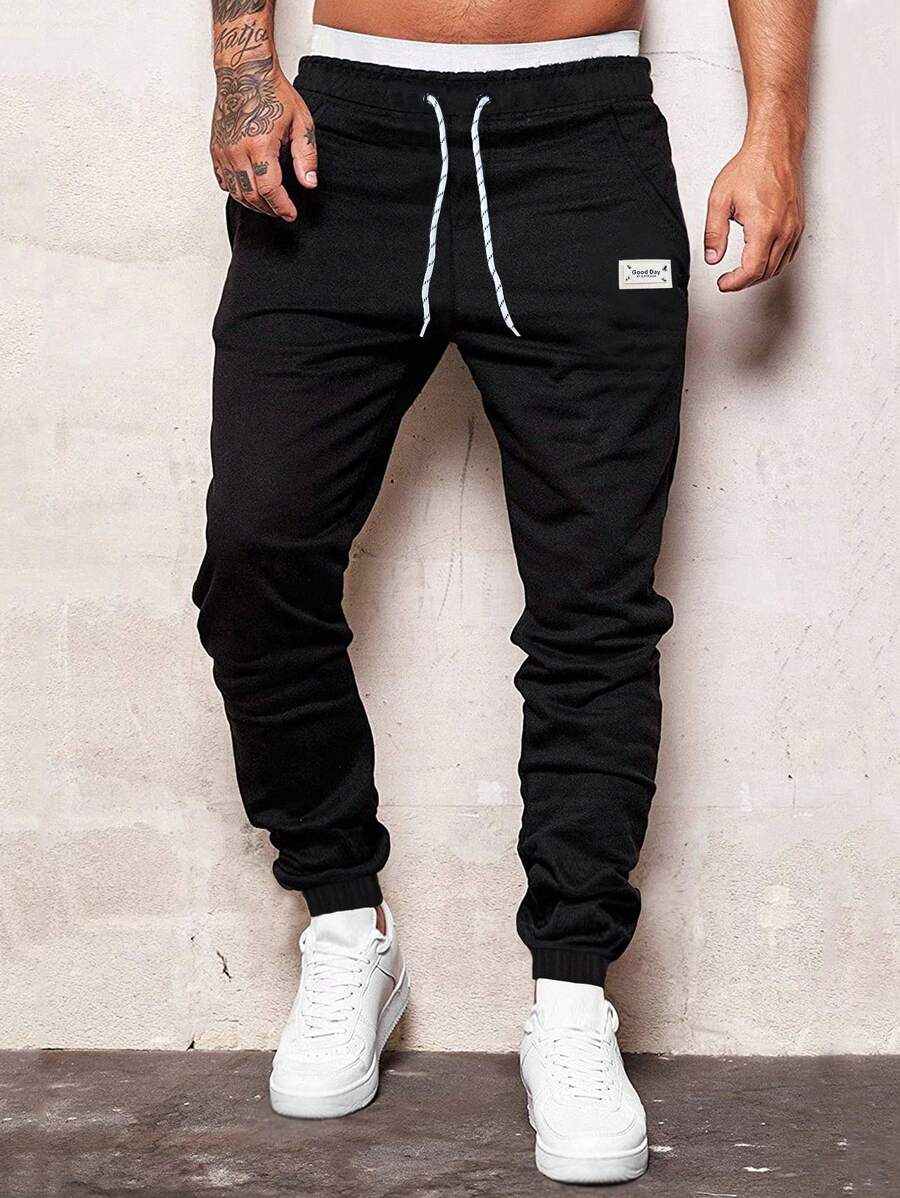 Manfinity Homme Men Letter Patched Drawstring Waist Joggers - Black - View 1