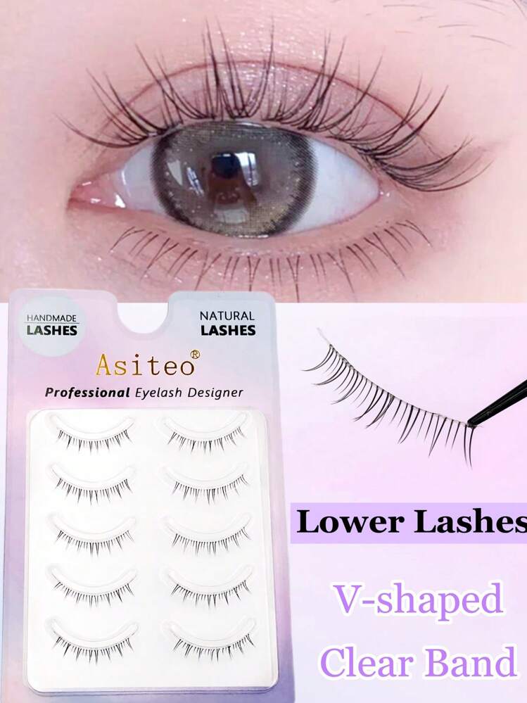 Asiteo フルつけまつげ 5ペア V字型下まつ毛 クリアバンド ウィスピー