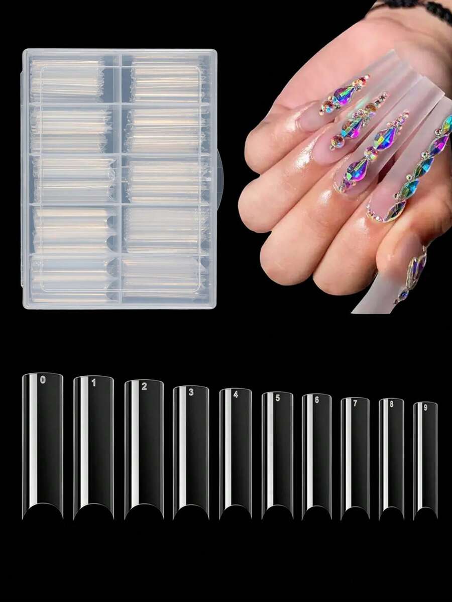 200 Chiếc Cực Dài Vuông Đầu Móng Tay Che Nửa Trong Suốt Giả Bấm Móng Tay Trên Acrylic Salon - Trong sáng - Xem 1
