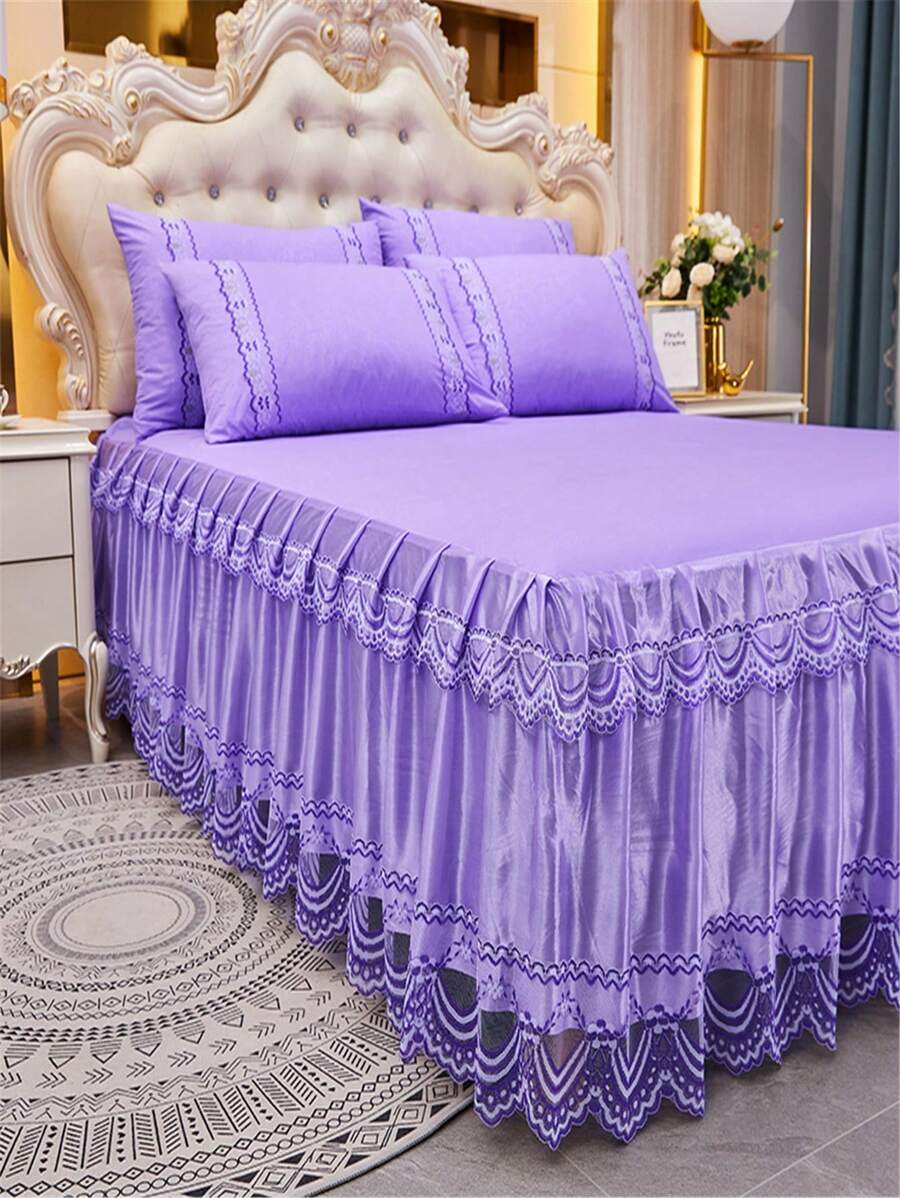 Contrast Lace Trim Bed Skirt - Purple - View 1