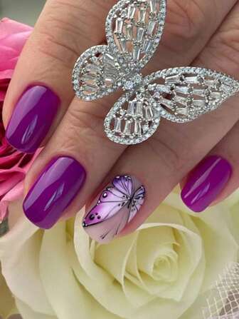 24 st långa fyrkantiga fjärilsmönster falska nagel & 1 st nagelfil & 1 ark nageltejp Tryck på naglar Nageltillbehör