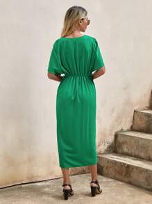 SHEIN Clasi Plunge Neck Batwing Sleeve Wrap Hem Dress - Green - View 2