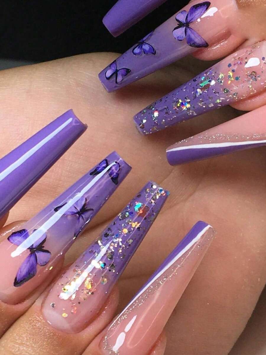 Get Glamorous with 24pcs Long Coffin Purple Gradient Glitter Butterfly Pattern Fake Nail & 1pc Nail File & 1sheet Nail Tape - Multicolor - View 1