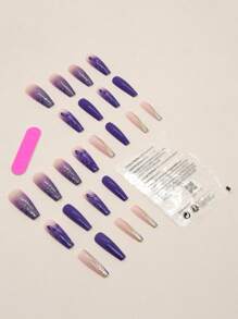 Get Glamorous with 24pcs Long Coffin Purple Gradient Glitter Butterfly Pattern Fake Nail & 1pc Nail File & 1sheet Nail Tape - Multicolor - View 2