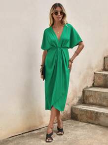 SHEIN Clasi Plunge Neck Batwing Sleeve Wrap Hem Dress - Green - View 5
