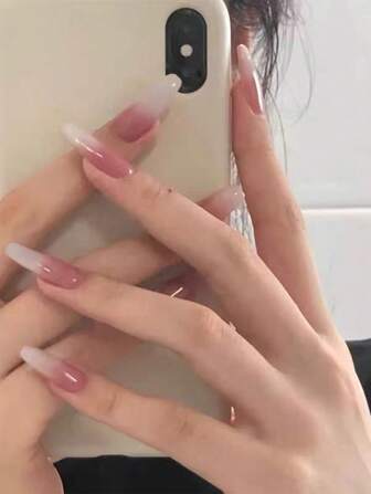 Instantly Upgrade Your Look With 24pcs Long Coffin Pink Gradient Fake Nail & 1pc Nail File & 1sheet Nail Tape Press On Nails Nail Supplies