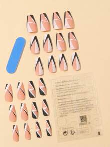 24 chiếc Móng tay giả Colorblock dài quan tài & 1 dũa móng tay & 1 tấm Băng dán móng tay - Nhiều màu - Xem 2