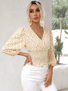 SHEIN LUNE 碎花交疊領燈籠袖襯衫 - 彩色 - 查看 6