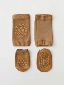 2 chiếc Bảo vệ đầu gối chi tiết hình học cho bé & 1 đôi tất chống trượt cho cuộc sống hàng ngày - màu nâu - Xem 3