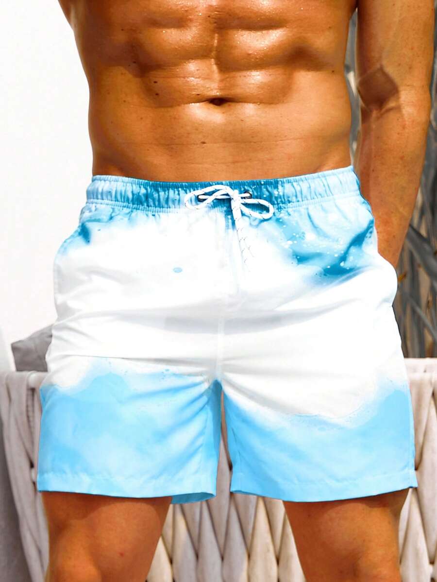 Manfinity Swimmode Men Ombre Drawstring Waist Swim Trunks - Blue and White - View 1