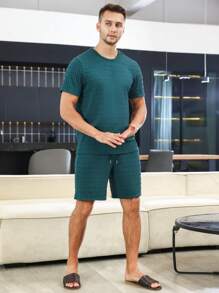 Men Solid Textured Tee & Shorts PJ Set - Teal Blue - View 3