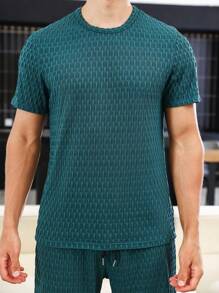 Men Solid Textured Tee & Shorts PJ Set - Teal Blue - View 5