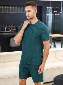 Men Solid Textured Tee & Shorts PJ Set - Teal Blue - View 6