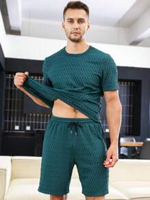 Men Solid Textured Tee & Shorts PJ Set - Teal Blue - View 7