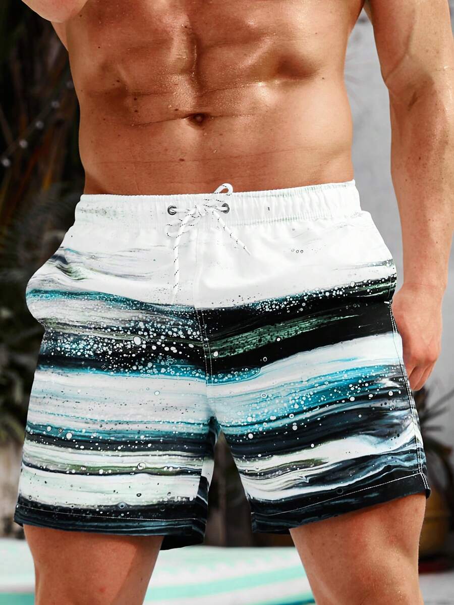 Surfspeed Men Brush Print Drawstring Waist Swim Trunks - Multicolor - View 1
