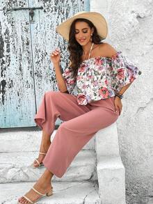 EMERY ROSE con estampado floral de hombros descubiertos Top halter & Pantalones de pierna ancha - Multicolor - Ver 4