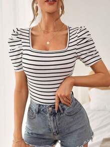 SHEIN Privé Striped Print Puff Sleeve Tee - White - View 4