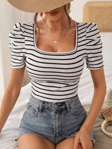 SHEIN Privé Striped Print Puff Sleeve Tee - White - View 5