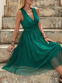 SHEIN Clasi 素色前紐扣網紗覆蓋洋裝 - 綠色 - 查看 4