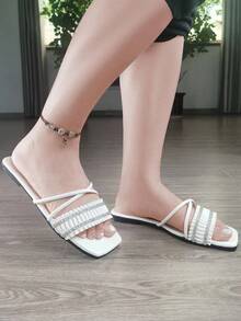 Women Rhinestone Decor Slide Sandals, Glamorous Summer Flat Sandals - White - View 2