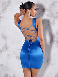 SHEIN BAE Đầm Lộ Lưng Vắt Ren lên màu trơn Gợi cảm - Xanh đậm - Xem 2