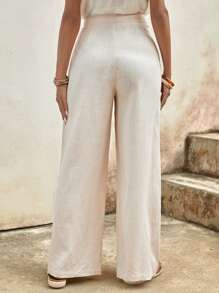 SHEIN LUNE 高腰紐扣門襟闊腿褲 - 杏色 - 查看 2