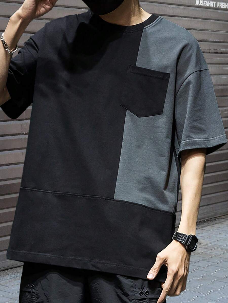 Claim Dot 宽松版型男式双色落肩口袋贴片 T 恤 - 黑色 - 查看 1