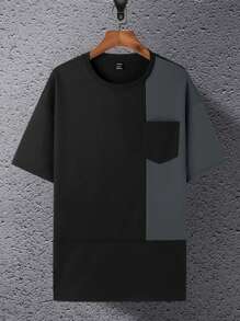 Claim Dot 宽松版型男式双色落肩口袋贴片 T 恤 - 黑色 - 查看 4
