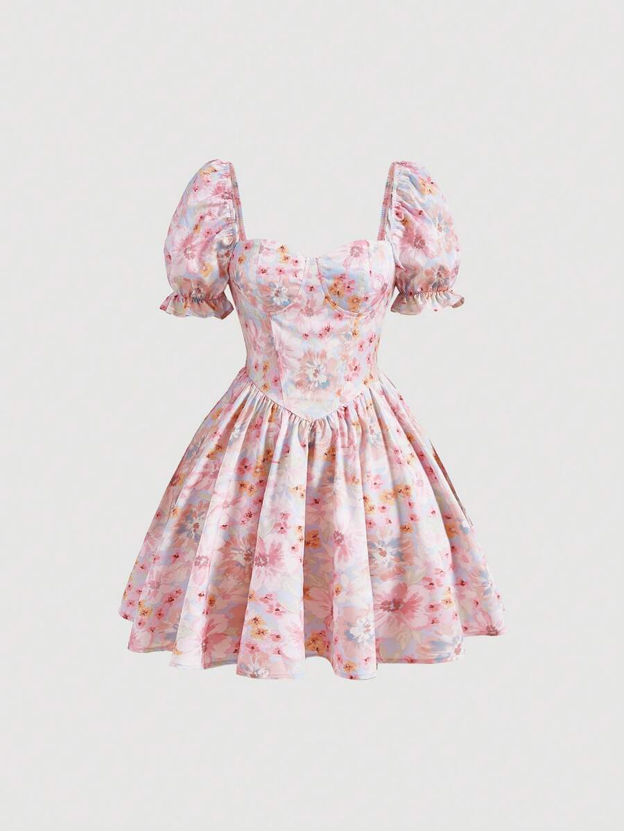 SHEIN MOD Floral Print Puff Sleeve Dress - Multicolor - View 1
