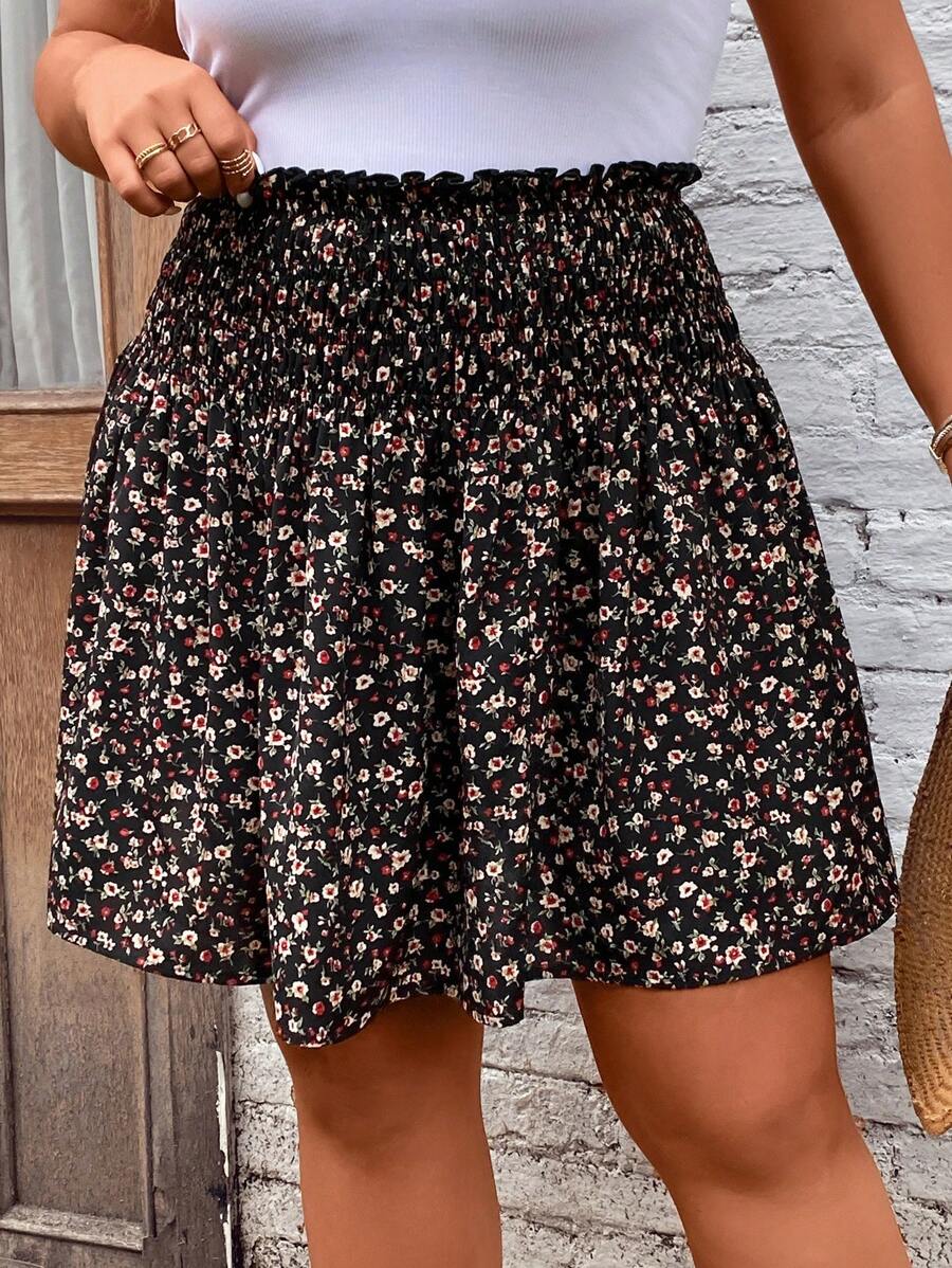 SHEIN LUNE Plus Ditsy Floral Print Paperbag Waist Skirt, Summer - Multicolor - View 1