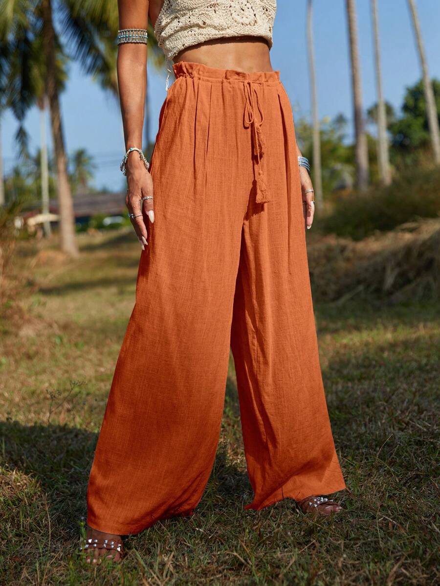 SHEIN VCAY 流蘇腰部打結闊腿褲