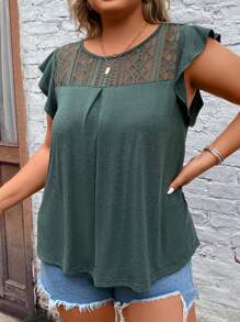 SHEIN LUNE 大碼蕾絲拼接蝴蝶袖T恤 - 墨綠色 - 查看 1