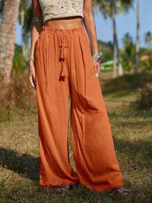 SHEIN VCAY 流蘇腰部打結闊腿褲