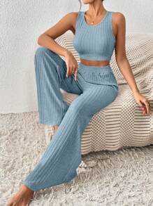 SHEIN Frenchy 素色短款背心和闊腿褲 - 藍色 - 查看 1