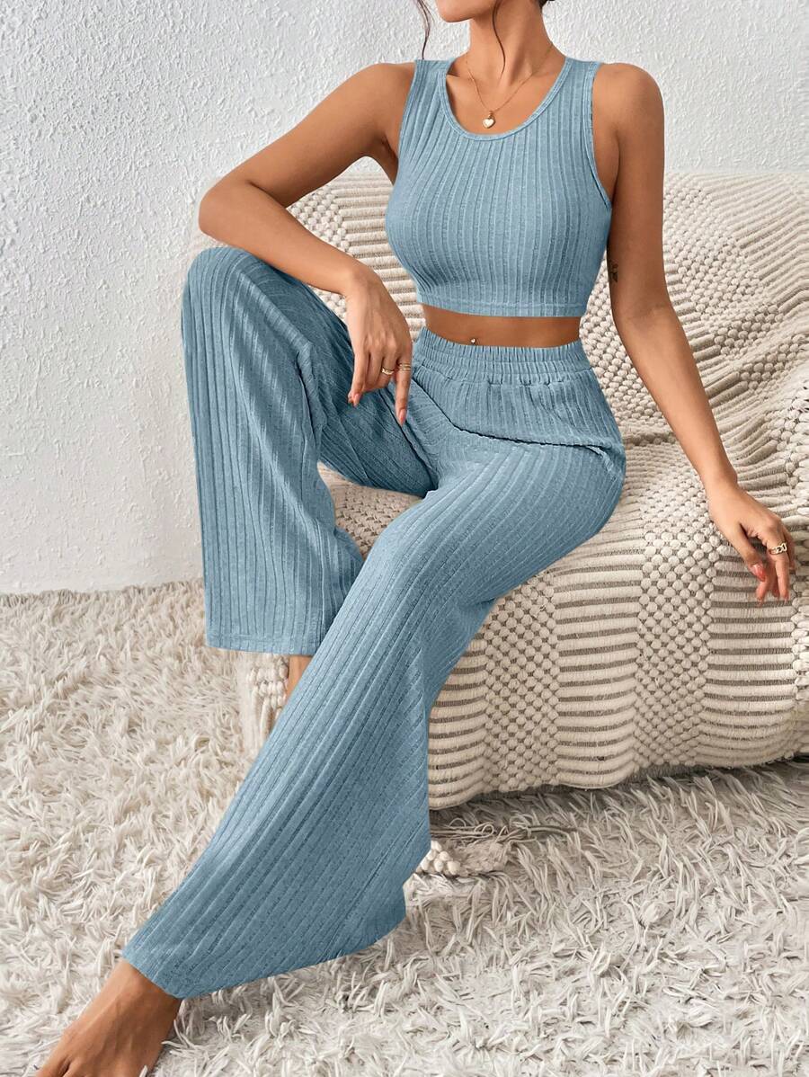 SHEIN Frenchy 素色短款背心和闊腿褲 - 藍色 - 查看 1