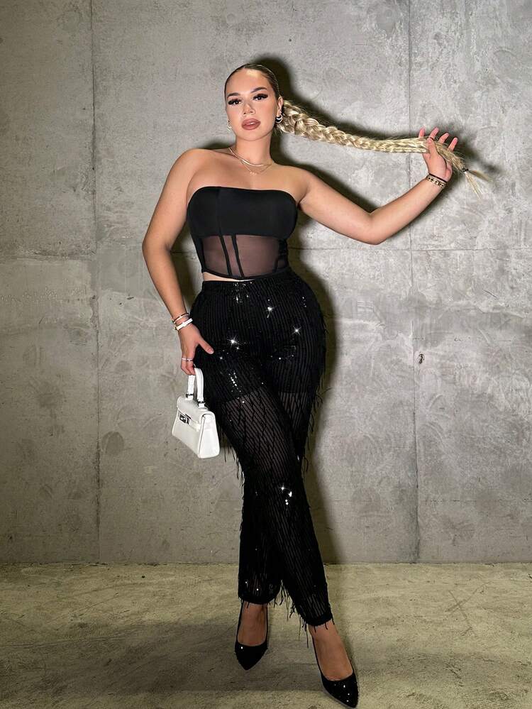 SHEIN SXY กางเกงทรงตรง เอวสูง เลื่อม - สีดำ - ดู 4