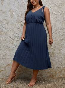 SHEIN Frenchy 大碼休閒鈕扣 打結 百褶純色連衣裙 - 藏蓝色 - 查看 4