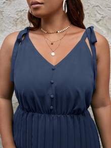 SHEIN Frenchy 大碼休閒鈕扣 打結 百褶純色連衣裙 - 藏蓝色 - 查看 5